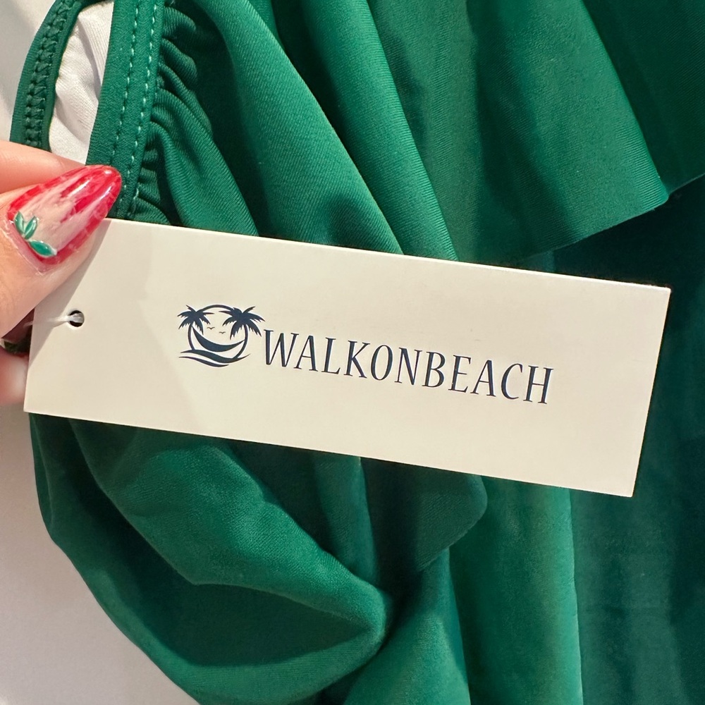 NWT Walkonbeach Green One-Shoulder Ruffle Swimsuit Size Medium - Picture 7 of 9